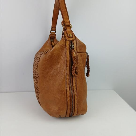 Genuine Leather Hobo Shoulder Bag With Artisanal Cutout Design Camel Color - Picture 4 of 8